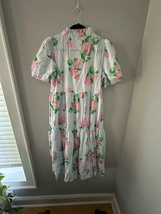 Crown and Ivy 100% cotton Light Blue Floral Midi Dress with Pink Hydrangeas - Picture 5 of 5